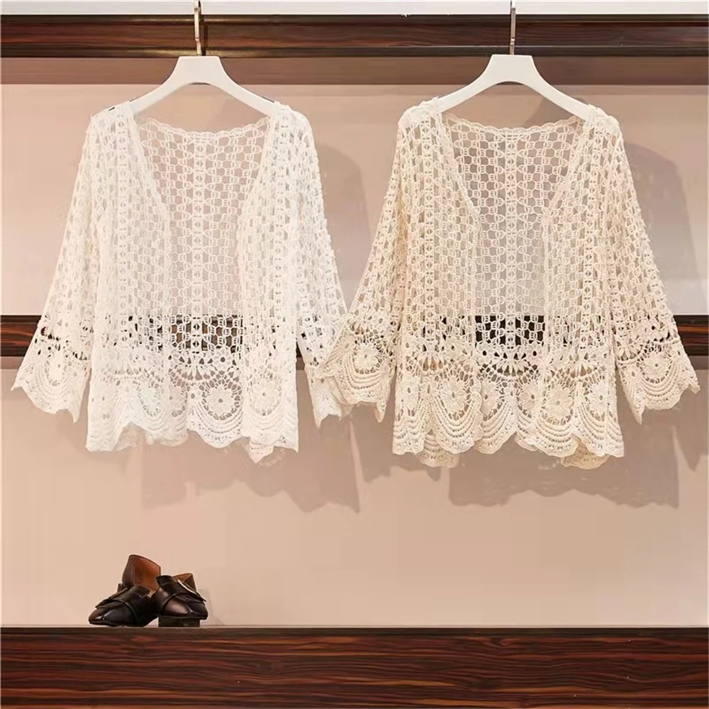 

Spring and Autumn Women's Korean Hollow Out Temperament Casual New Cardigan Long Sleeve Lace Short Western Style All-match Top