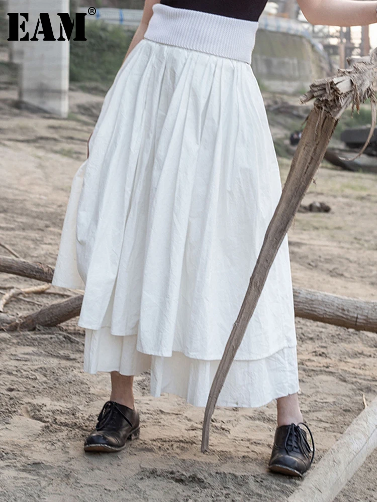 

[EAM] High Elastic Waist White Asymmetrical Double Layers Half-body Skirt Women Fashion Tide New Spring Autumn 2022 JR384
