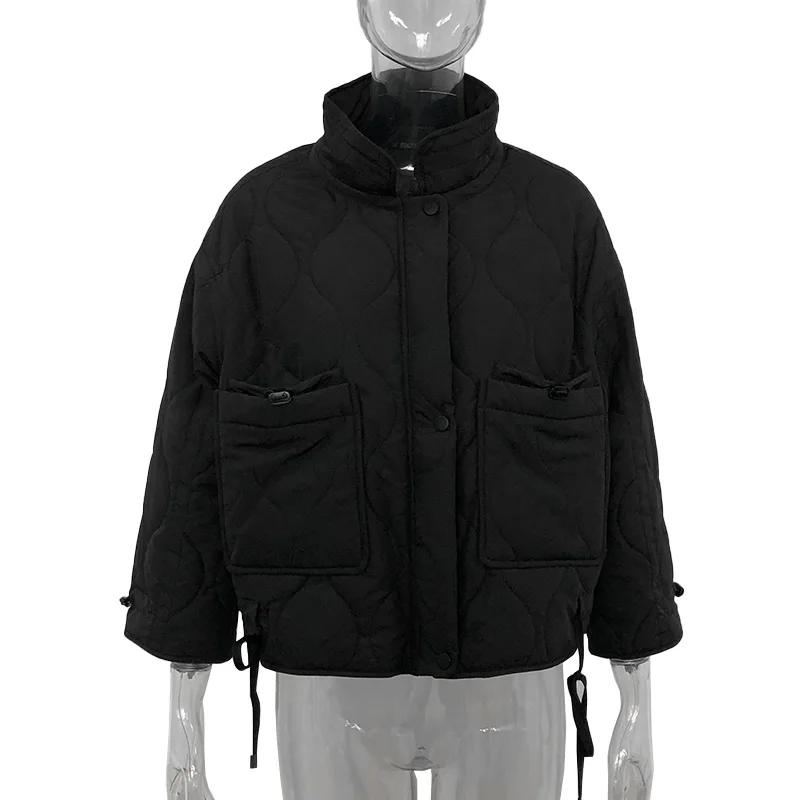 2023 Autumn Parkas Women Fashion Drawstring Short Coats Women Elegant Stand Collar Cotton Jackets Female Ladies Winter Coat