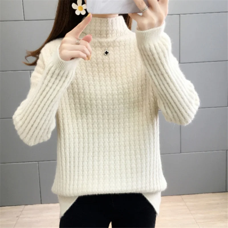 

High Thick Collar Knitted Sweater Women Autumn Winter Korean 7 Color Half Turtleneck Pullovers Tops Female Jumpers Ladies