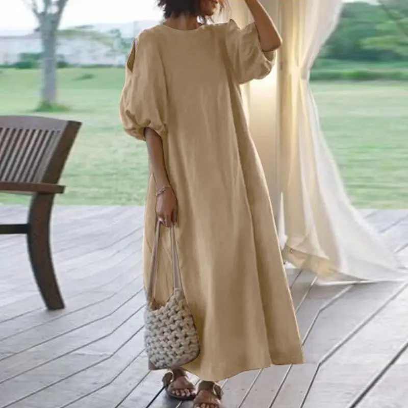 

Women's Dress Fluffy Elegant Middle Sleeve Casual Off-the-shoulder Solid Color Cotton Linen Loose Plus Size Pullover Dress