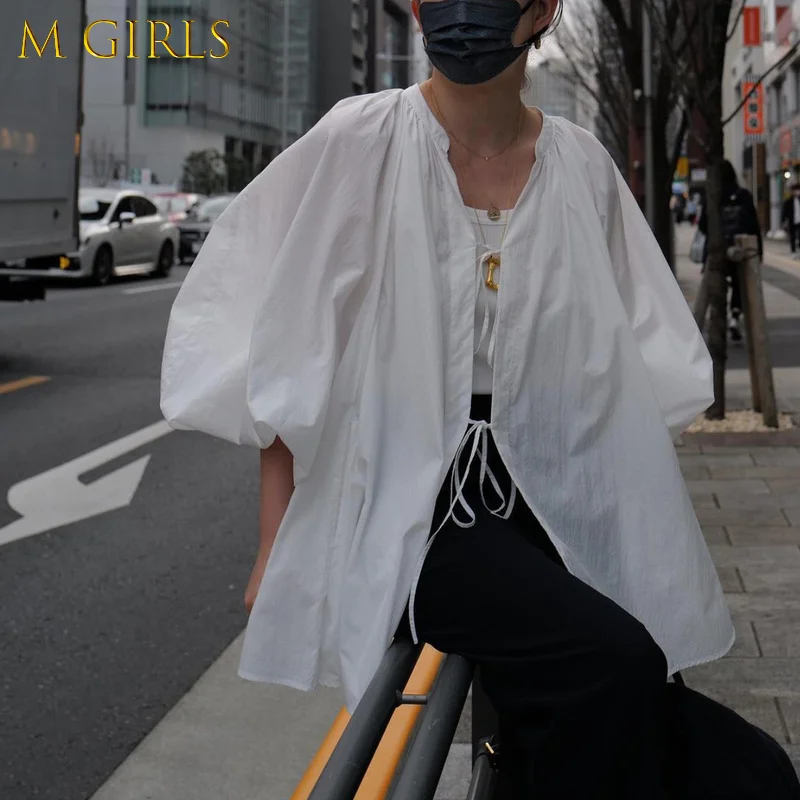 

M GIRLS Spring Temperament Lantern Sleeve Shirts Tops V Neck Chic Design Blouses Women Loose All Match Cardigan Blusas