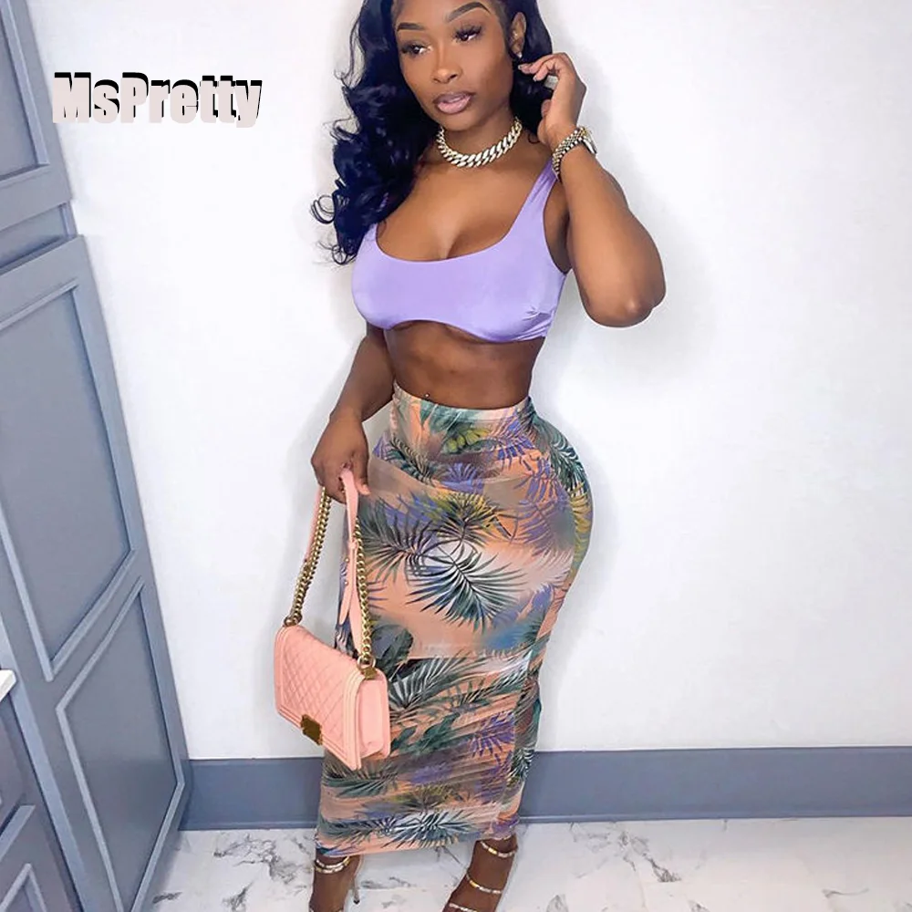

MsPretty Printing See-through Mesh Skirt Sexy Beach Slimming Elegant Party Skirt Bodycon Midi Skirt 2022 Spring Women's Clothing