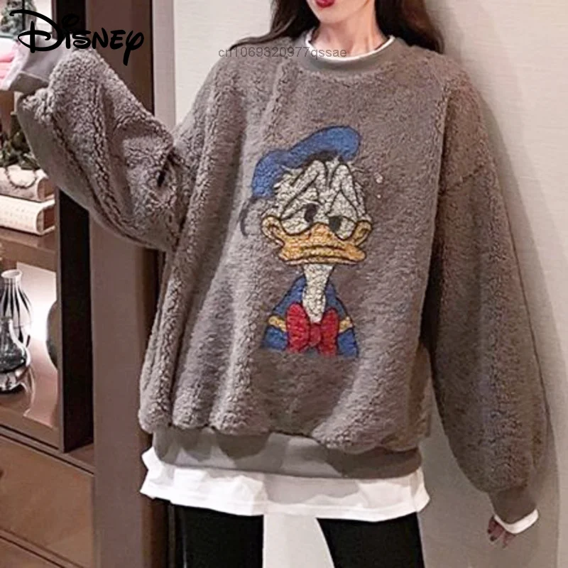 

Модные Повседневные парные пуловеры Disney с Дональдом Даком для мужчин и женщин, теплые новые зимние корейские свободные утепленные свитеры ...