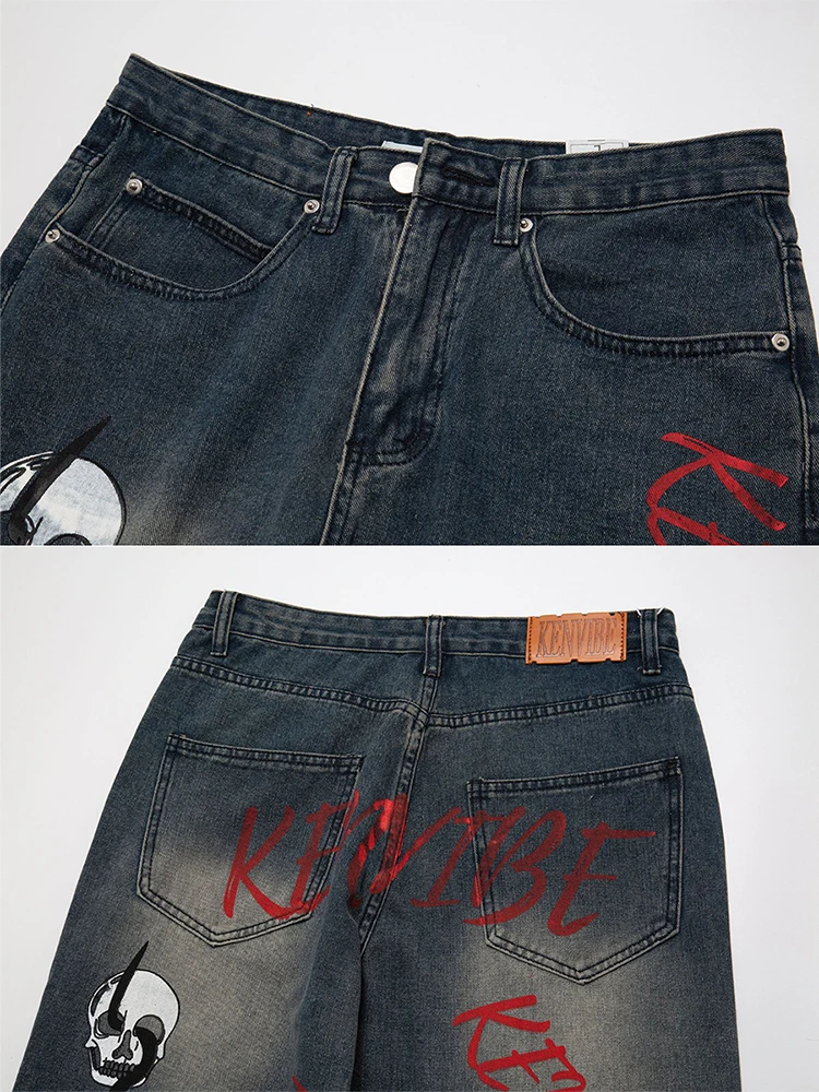 Four Seasons American Trend Street Skull Print Old Jeans Hip Hop Retro Loose Straight Trousers Men Streetwear Ins Hot Sale JEANS
