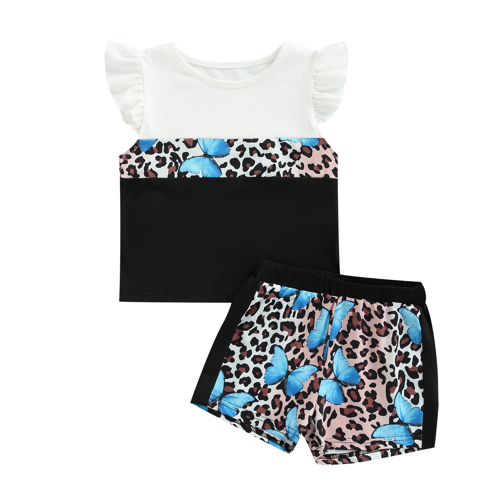 

Kids Baby Girls Clothing Summer Cotton Tops Pants Suit Fly Sleeve Round Neck Butterfly Leopard Print Pullover T-shirts Shorts