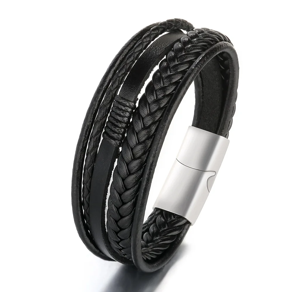 

2023 New Fashion Bracelet Men's Multilayer Leather Bracelet Magnetic Buckle Cowhide Woven Multilayer Wrap Bracelets