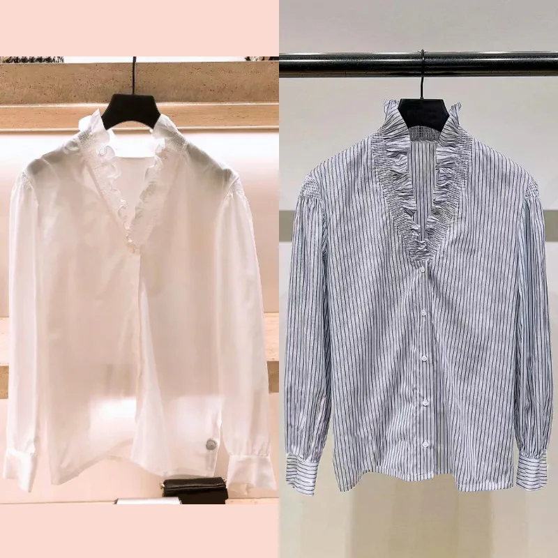 

Spring Autumn Single Breasted Blouses V-neck Puff Sleeves Women Shirts Casual Blouse and Shirts for Lady