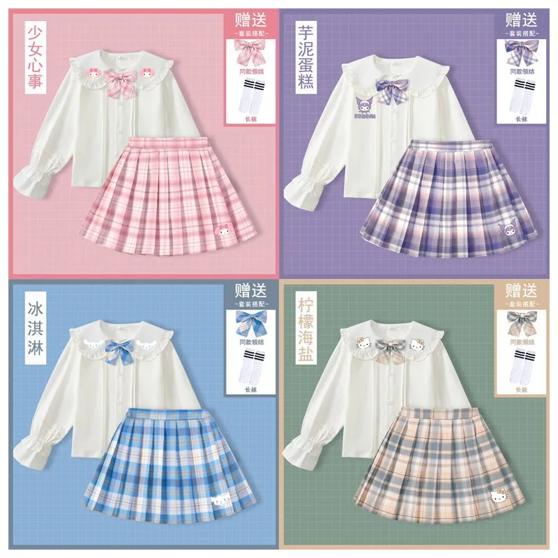 Sanrios Cute My Melody Hellokittys Kuromi Girls' JK Uniform Set Kawaii Bow Tie Long Sleeved Shirt Pleated Skirt Children Gift