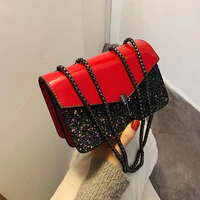 small square bags for women fashion synthetic leather crossbody bags sequins panelled simple texture chain shoulder bag ladies
