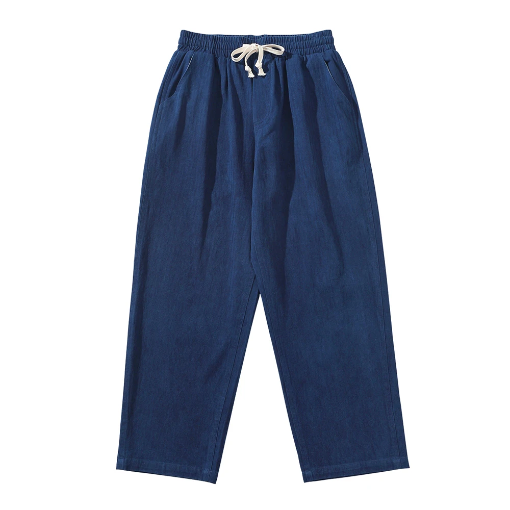 Vintage Indigo Pants Herringbone Fabric Wide Leg Pants 2022 Spring Autumn New Handmade Blue Dyed Loose Straight Casual Trousers