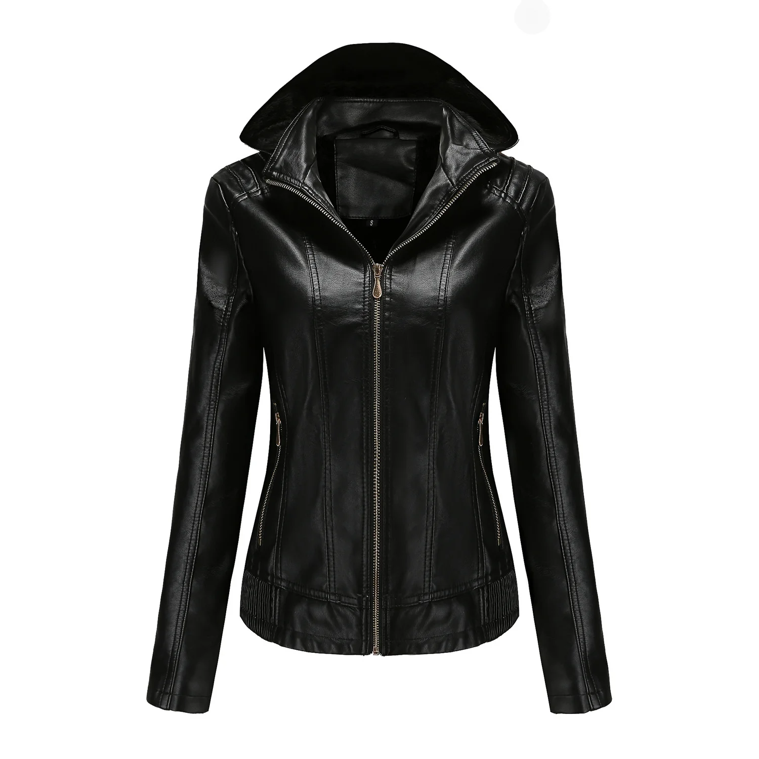 Aw2022 hooded leather women's detachable hat zipper long sleeve plush leather jacket European size slim fit coat