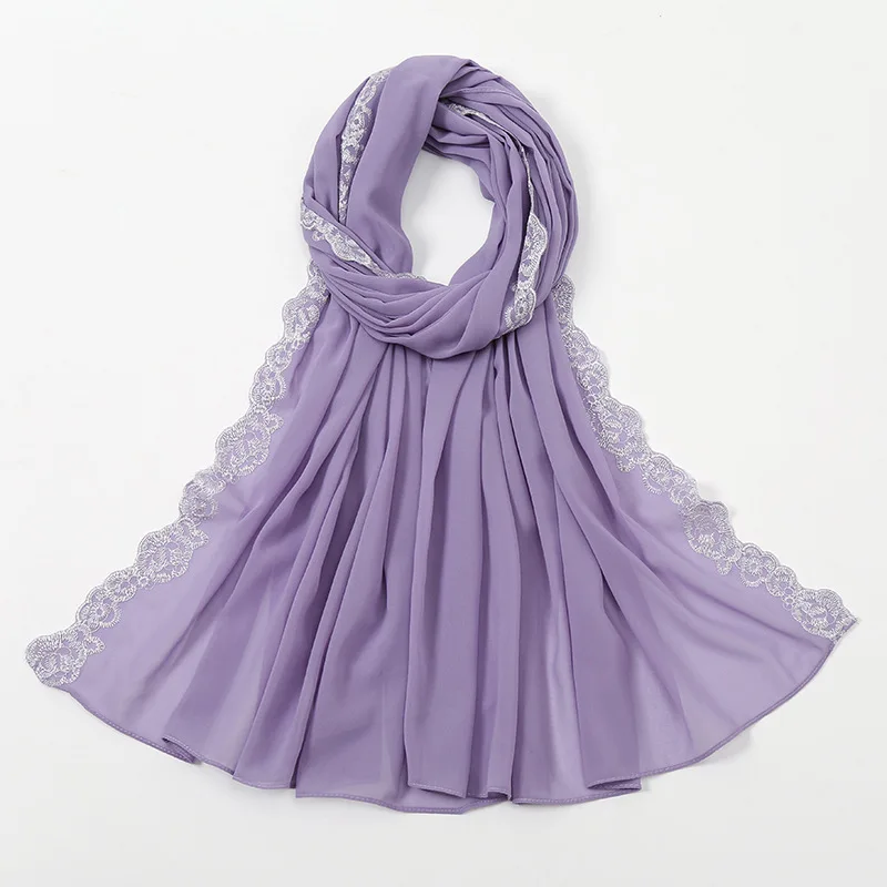 Lace Hijabe Bubble Chiffon Scarf Women Long Size Pashmina Lady Shawl Female Wraps Bandana Foulard Hijabs Solid Soft Beach Stoles