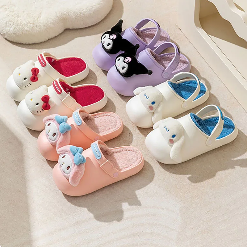 

Симпатичные хлопковые тапочки Sanrio, Симпатичные Hello Kittys My Melody Kuromi, Мультяшные плюшевые Нескользящие износостойкие домашние туфли, подарок для девочек
