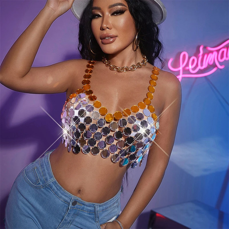 

Кроп-топ женский прозрачный с блестками, пикантный прозрачный корсет с открытой спиной, с V-образным вырезом, майка, праздничная одежда