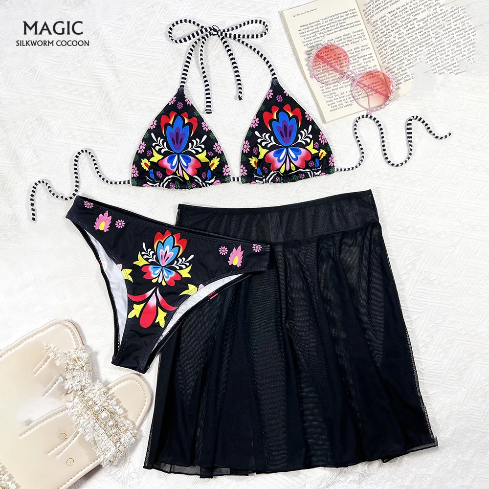 

Женский купальник-тройка с цветочным принтом, с лямкой на шее