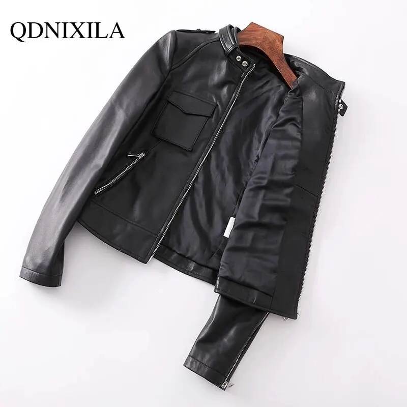 Jacket Women  Autumn Winter New Style Imitation Leather Jacket Coats Short Stand Collar Motorcycle Slim Leather Jacket for Women