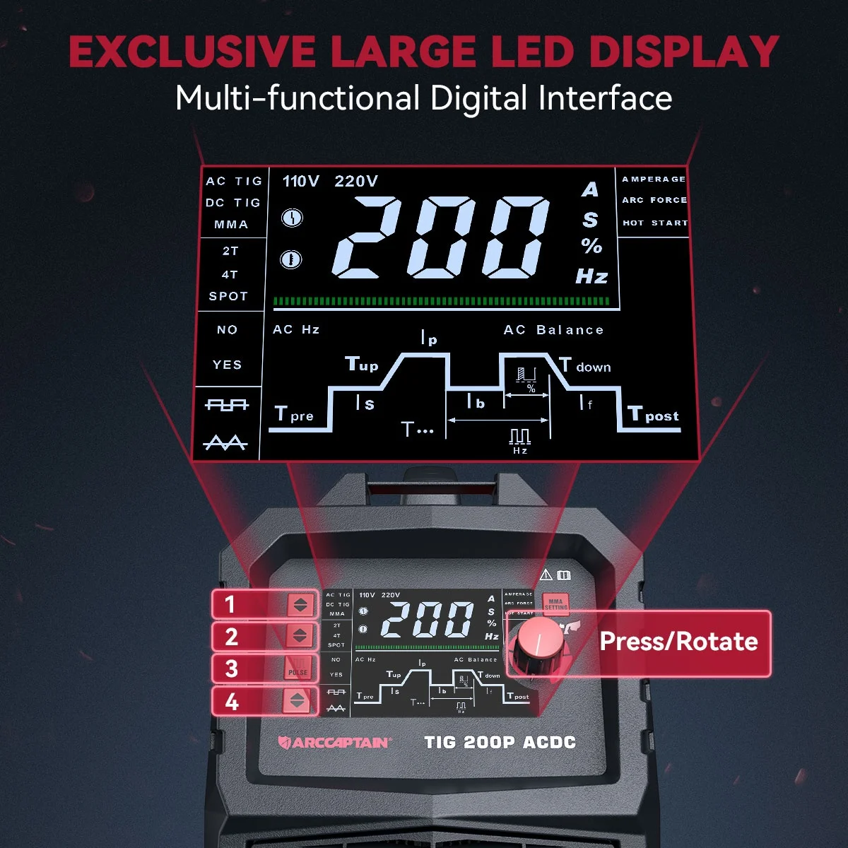 ARCCAPTAIN AC/DC Аппарат для алюминия Tig 7-в-1 Импульсный квадратный треугольный
