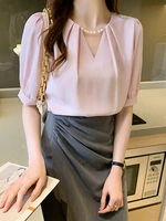 summer women blouse ruffled short sleeve solid pink chiffon office lady blouse korean fashion blusas mujer de moda 2022 verano