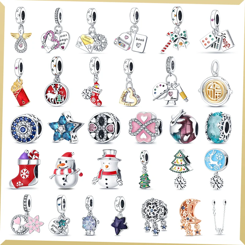 

New 925 Sterling Silver Christmas Tree Series Stars Beaded Pendant Charms Fit Pandora Bracelet women's party DIY jewelry