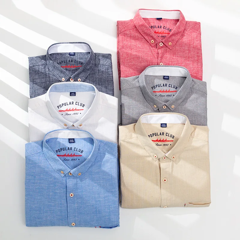 Hemp Shirt Striped Plaid Shirt 88.7% Cotton & 11.3% Linen Casual Loose Shirts for Men Clothing Mens Button Up Shirt Short Sleeve
