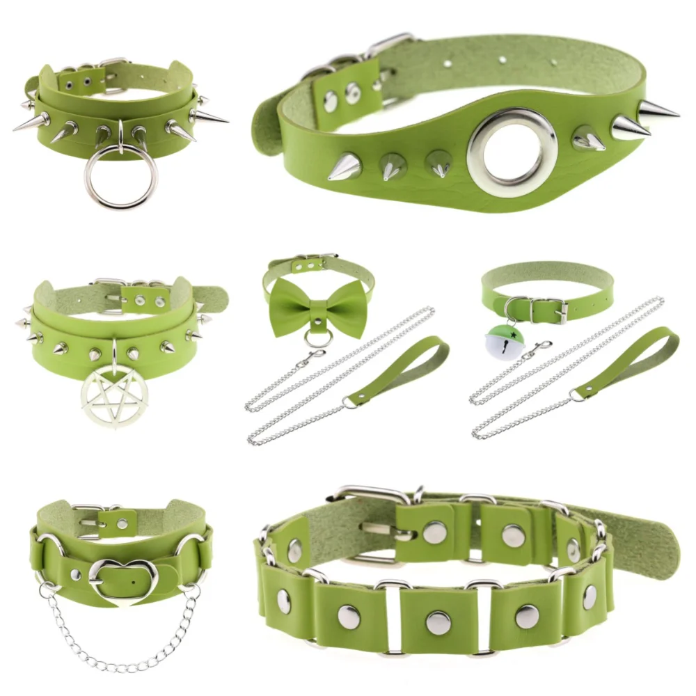 

Harajuku Vintage Gothic Pendant Necklaces for Women Men Punk Green PU Leather Dog Chains Clavicle Choker Necklace Goth Jewelry