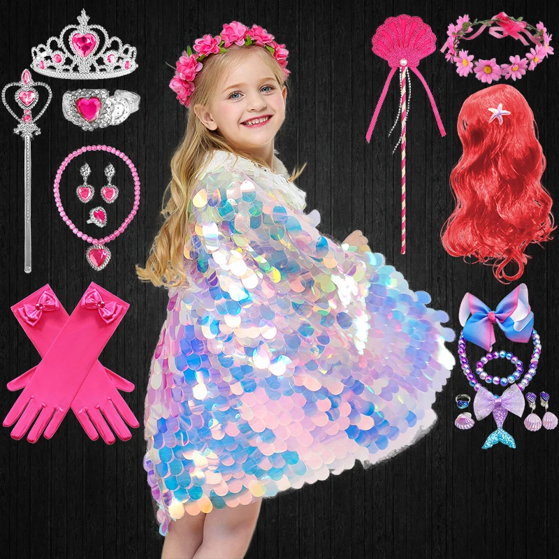 

Halloween Little Mermaid Costume Child Colorful Sequined Cloak Girls Christmas Fancy Fairy Princess Cape Sequin Dress Red Wig