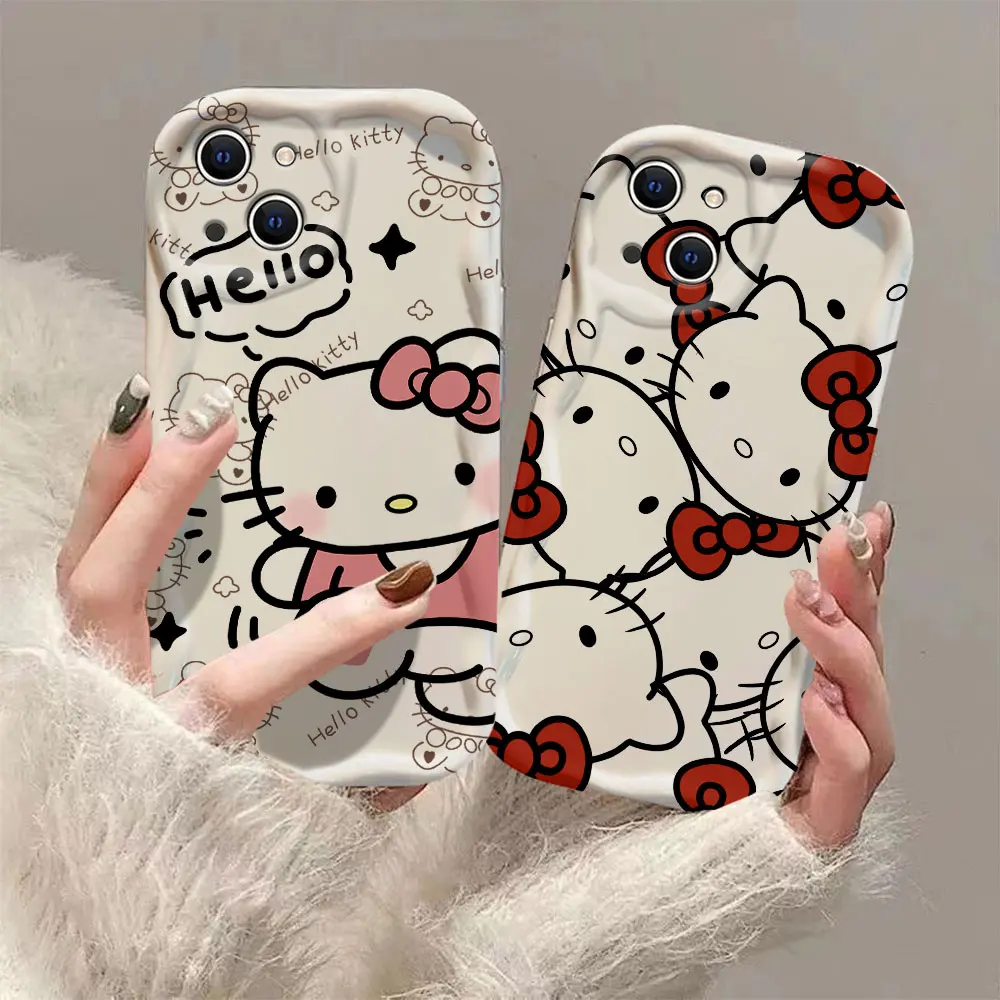 Мультяшный чехол Hello Kitty с объемными волнами для iPhone 15 14 13 12 11 Pro Max Mini X XR XSMAX 8 7 6S Plus