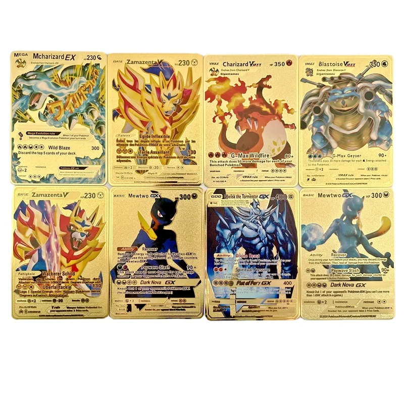 

2022 Pokemon 27 Styles New Mewtwo GX MEGA Gold Metal Card Super Game Collection Anime Cards Toys for Children Christmas Gift