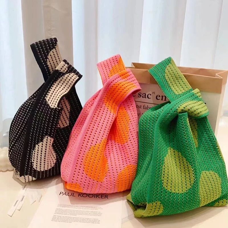 

Handbag Women Wrist Bag Mini Knot Hollow Flower Knitted Korean Edition Tote Bag Casual Student Reusable Folding Shopping Bag New