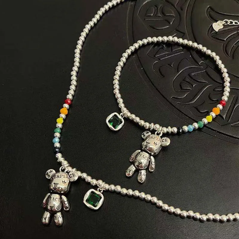 

925 Silver Colorful Necklace Bracelet Jewelry Trend Simple String of Beads Design Bear Animal Zircon Pendant Party Jewelry Gifts