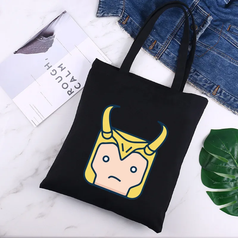 

Сумка для покупок Loki, женские холщовые сумки-тоуты, эко-сумка с принтом, Мультяшные сумки-шопперы на плечо, черные