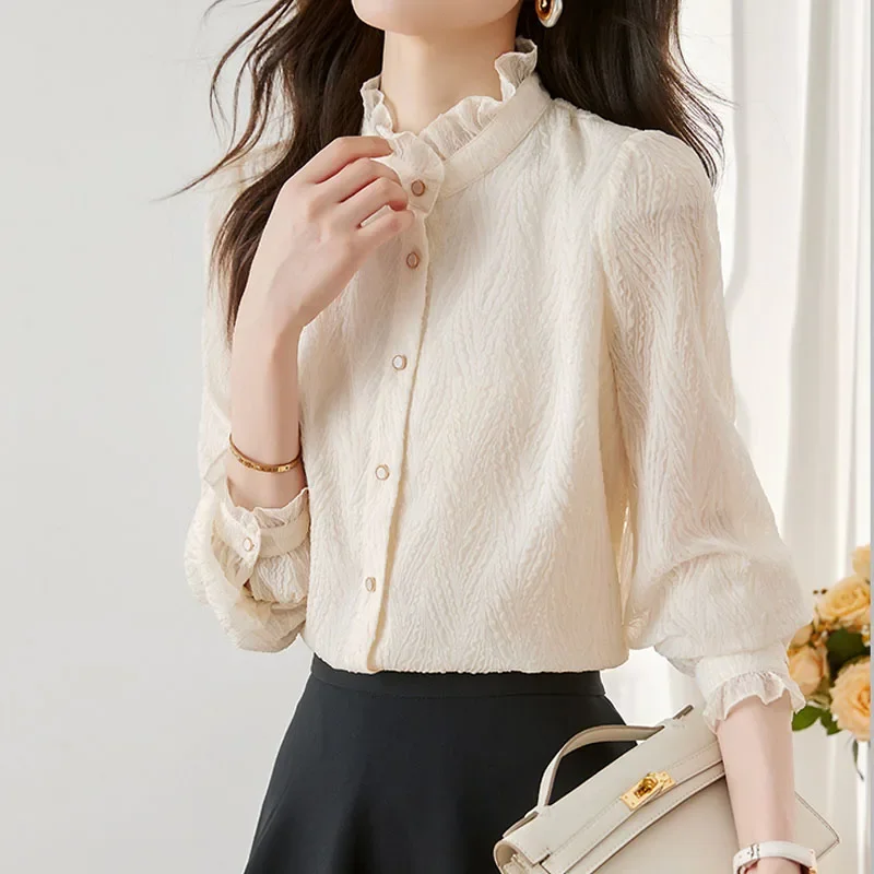 Новая женская рубашка с длинным рукавом однотонная рюшами блузка женские топы
