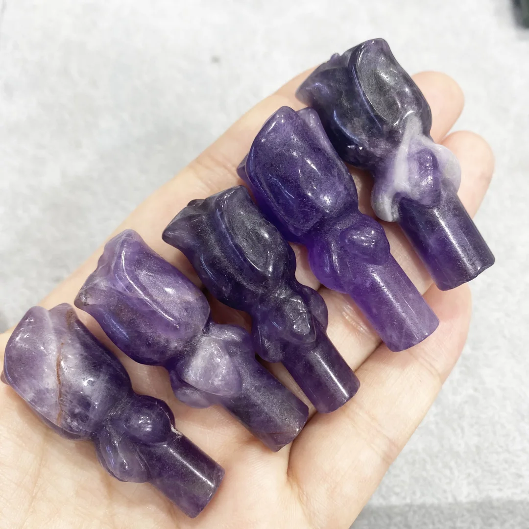 

1pc Natural Crystals Amethyst Hand Carved Rose Flower Gypsum Quartz Healing Reiki Stone Collectible Figurine Gift Home Deco