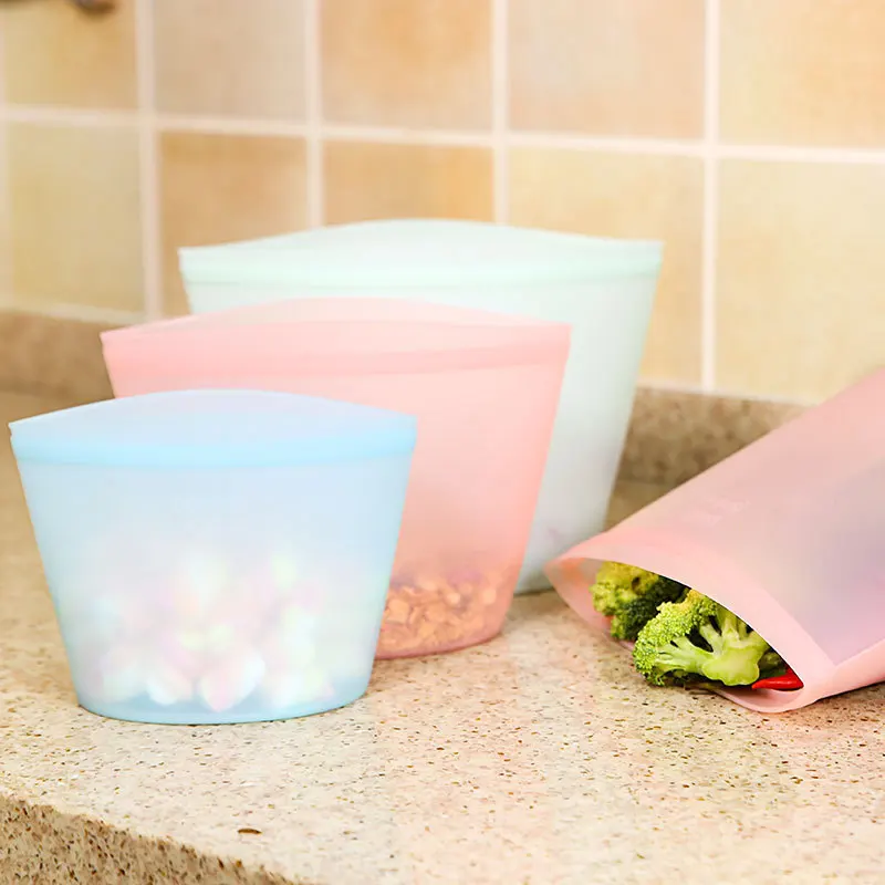 New Thickened Fresh-keeping Silicone Food Storage Bag Three Color Double Gauge Zipper Reusable Ziplock Bag Kitchen Food Storage