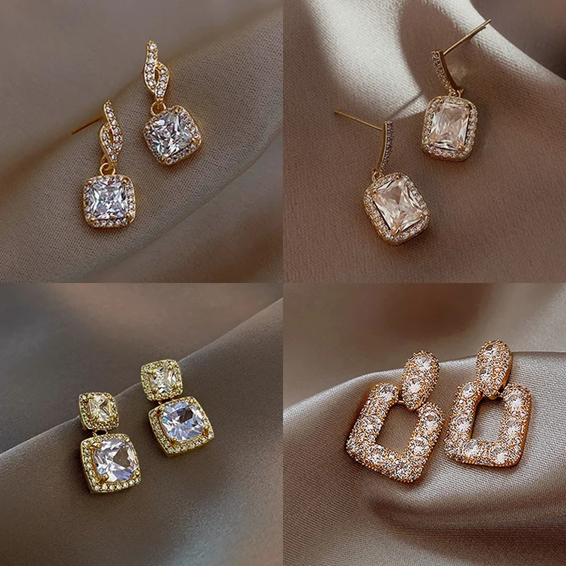 

2023 New Luxury Crystal Earrings For Women Korean Fashion Gold Color Shiny Zircon Earrings Jewelry Ladies Pendientes Mujer Gift