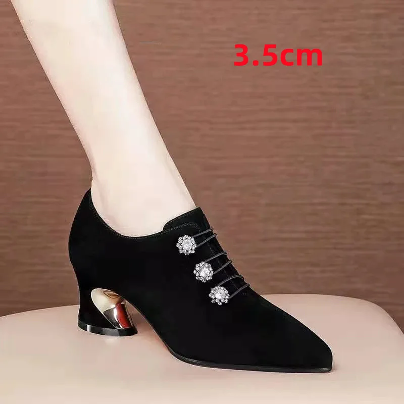 

Women Sweet Light Weight Black Suede High Quality Slip on Square Heel Shoes Lady Classic Comfort Sexy Pumps Botas Femininas F364