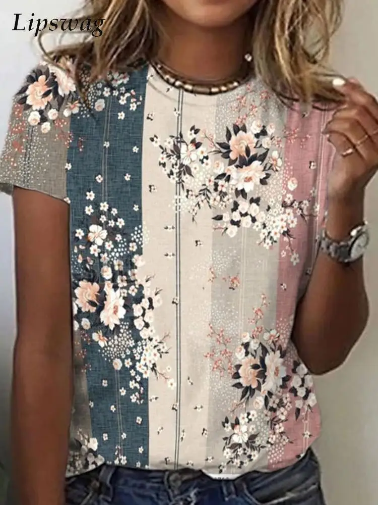 

2022 Women Fashion Floral Print Loose Shirt Vintage Summer Short Sleeve Blouse Pullover Casual O Neck Lady Tops Blusa Streetwear