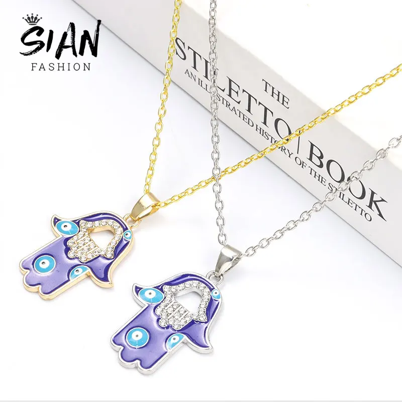 Trendy Multicolor Crystal Hamsa Hand Lucky Eyes Necklace Enamel Turkish Evil Eye Pendant Necklace Alloy Metal Chain Jewelry Gift
