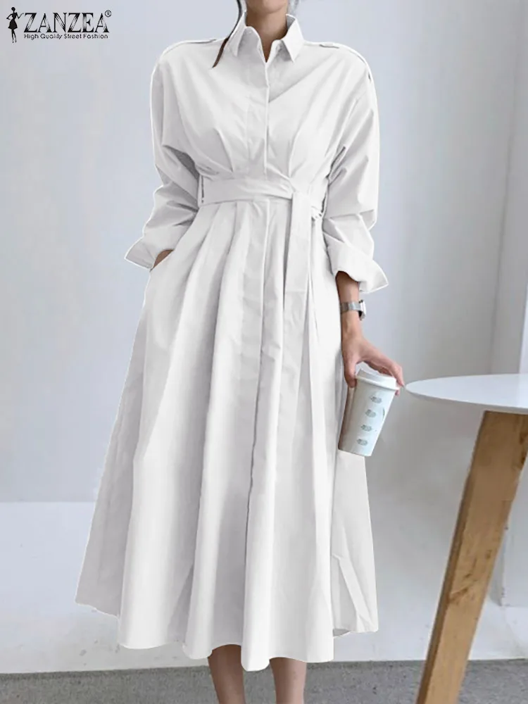 

Женское элегантное шикарное белое Макси-платье ZANZEA 2022, повседневные офисные платья, Осеннее однотонное платье-рубашка большого размера, ве...