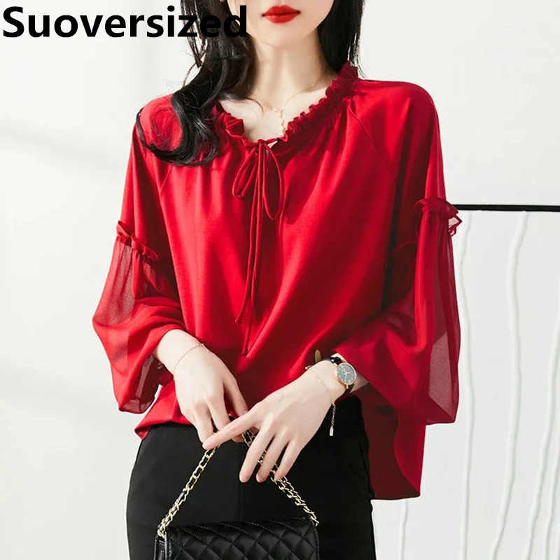 

Шифоновые рубашки Elagant большого размера 6xl на шнуровке, модные корейские женские блузки с агарическим краем на весну и осень, свободные повседневные топы с длинным рукавом