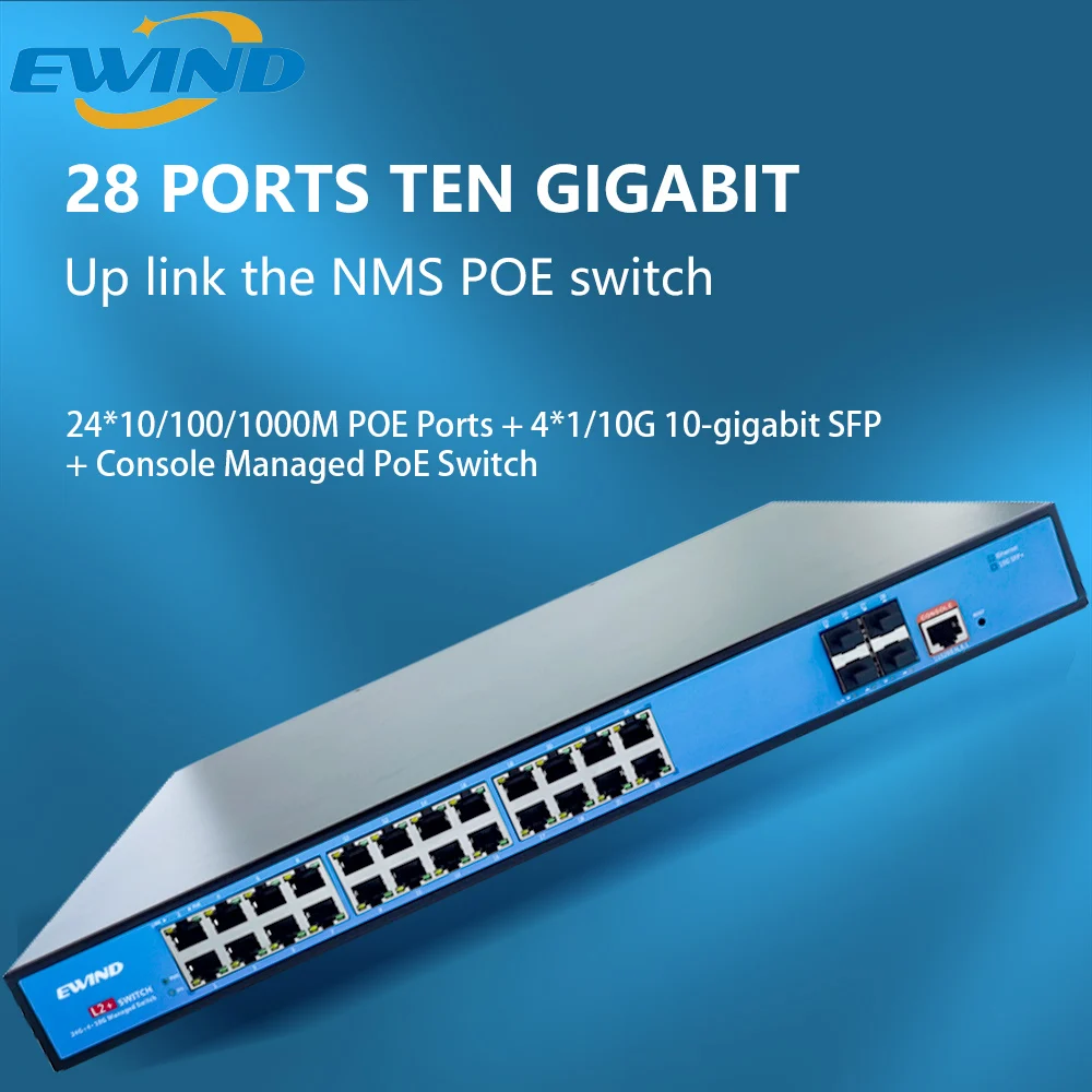 EWIND Gigabit L2+ Managed POE Switch 24*10/100/1000M Base-T RJ45 Ports with 4*1G/2.5G/10G SFP+ Fiber Slot Support QOS/DHCP/VLAN