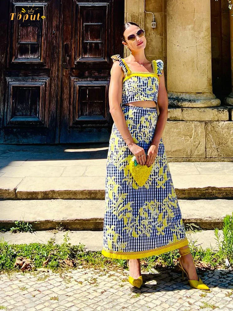 Женский костюм с юбкой в стиле пэчворк элегантный Весенний из топа на бретельках