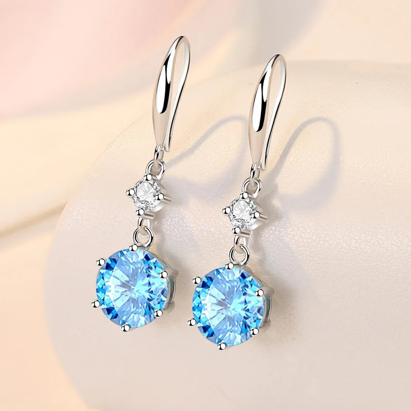 

KOFSAC Light Luxury Ear Buckle Fashion Shiny Large Zircon Blue White Geometric Earrings Glamorous 925 Sterling Silver Jewelry