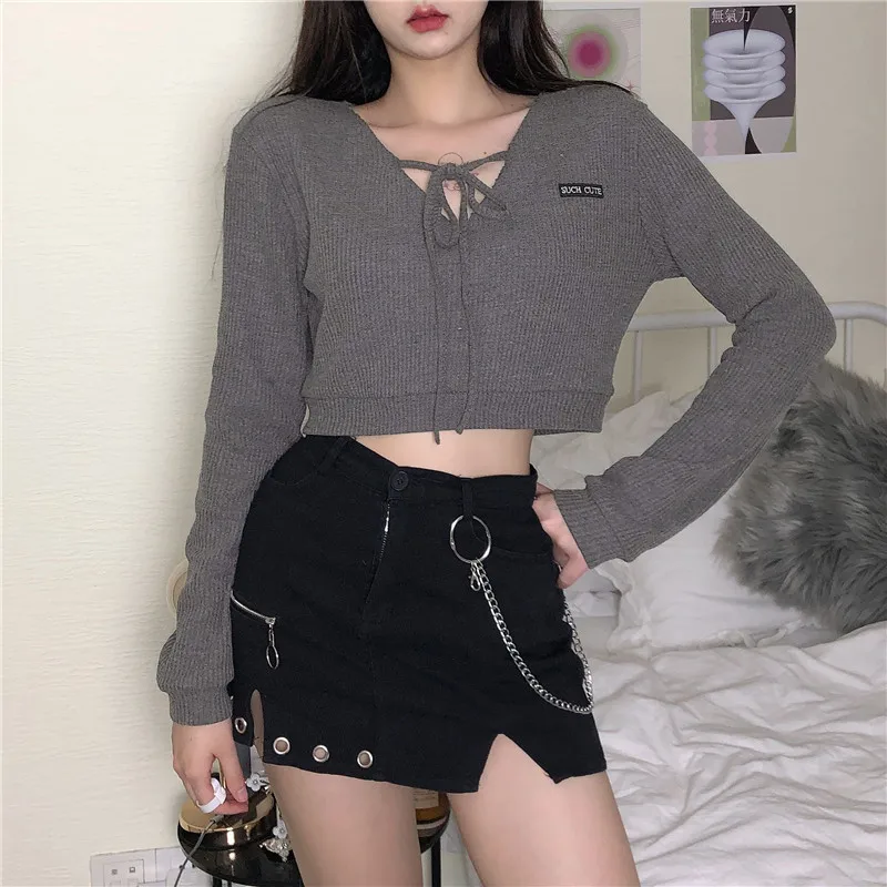 

Sexy Club Party Tshirt Women Fall Lace-up Hollow Long-sleeved Gray T-shirt Women Korean Fashion Chic Slim Short Top Female New