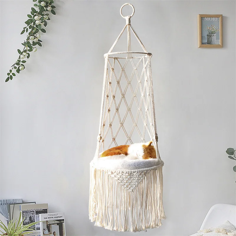 Big Macrame Cat Hammock Hanging Swing Cat Dog Puppy Bed Basket House Home Pet Cat Accessories toy with Rope Sisal Ball Feather