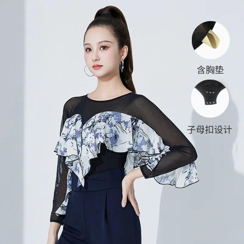 Женский топ для латиноамериканских танцев с рукавом лотоса и круглым вырезом