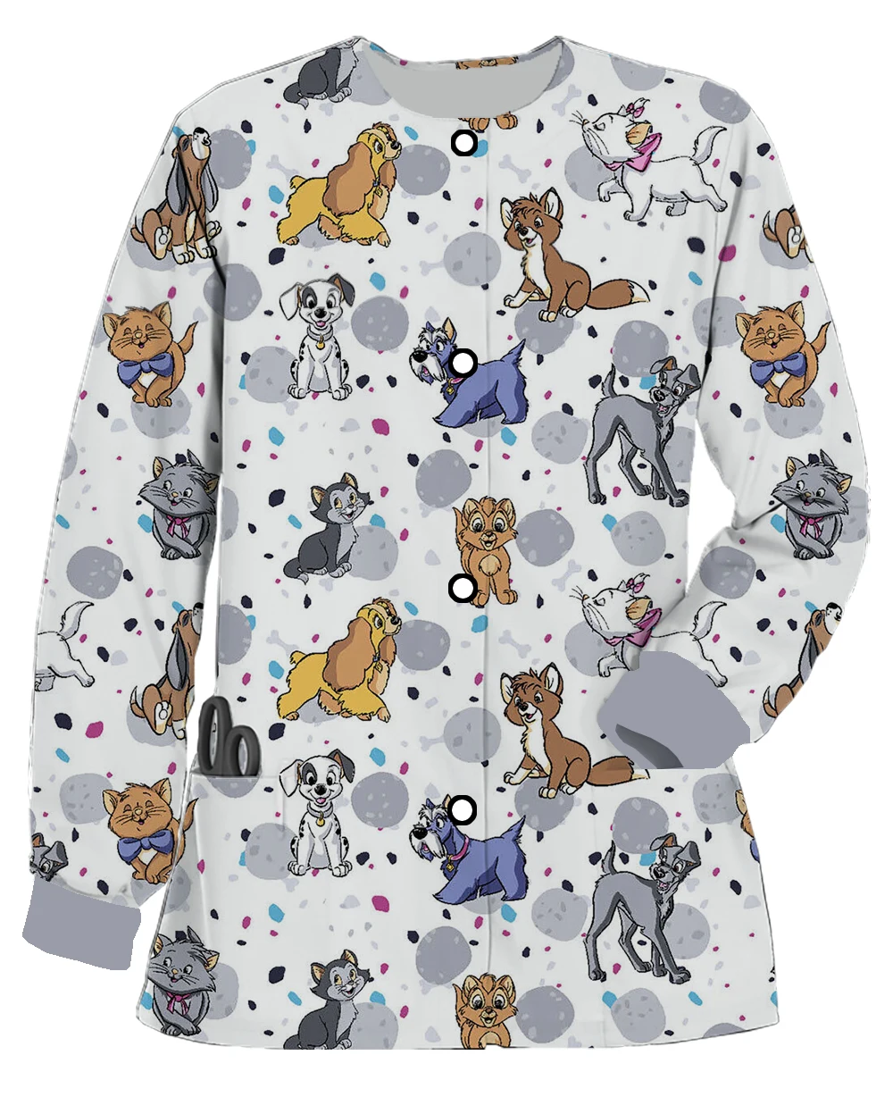 

2023 Spring and Autumn Women's Nurse Uniform Jacket Printing Disney Mary Cat Long Sleeve Round Neck Scrub Top Dental Coat