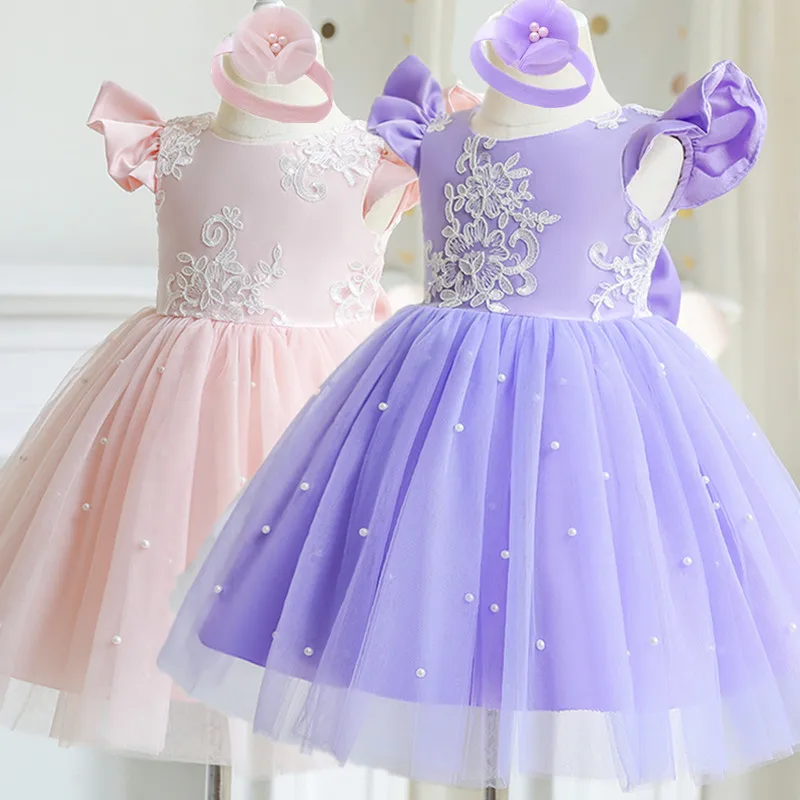 

Summer 1-5y Toddler Baby Girls Sequin Princess Dress For Wedding Kids New Year Sleeveless Lace Bowknot Flower Dresses Party Gown