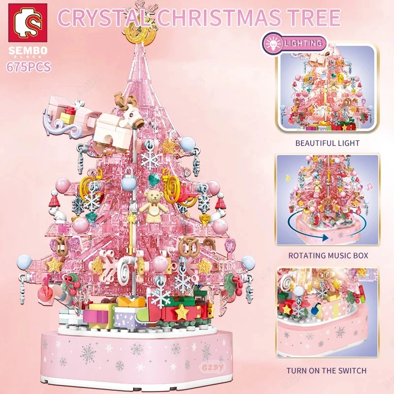 

Sembo Crystal Christmas tree building blocks rotating music box With Light model kit blocks bricks christmas gift toys for girls